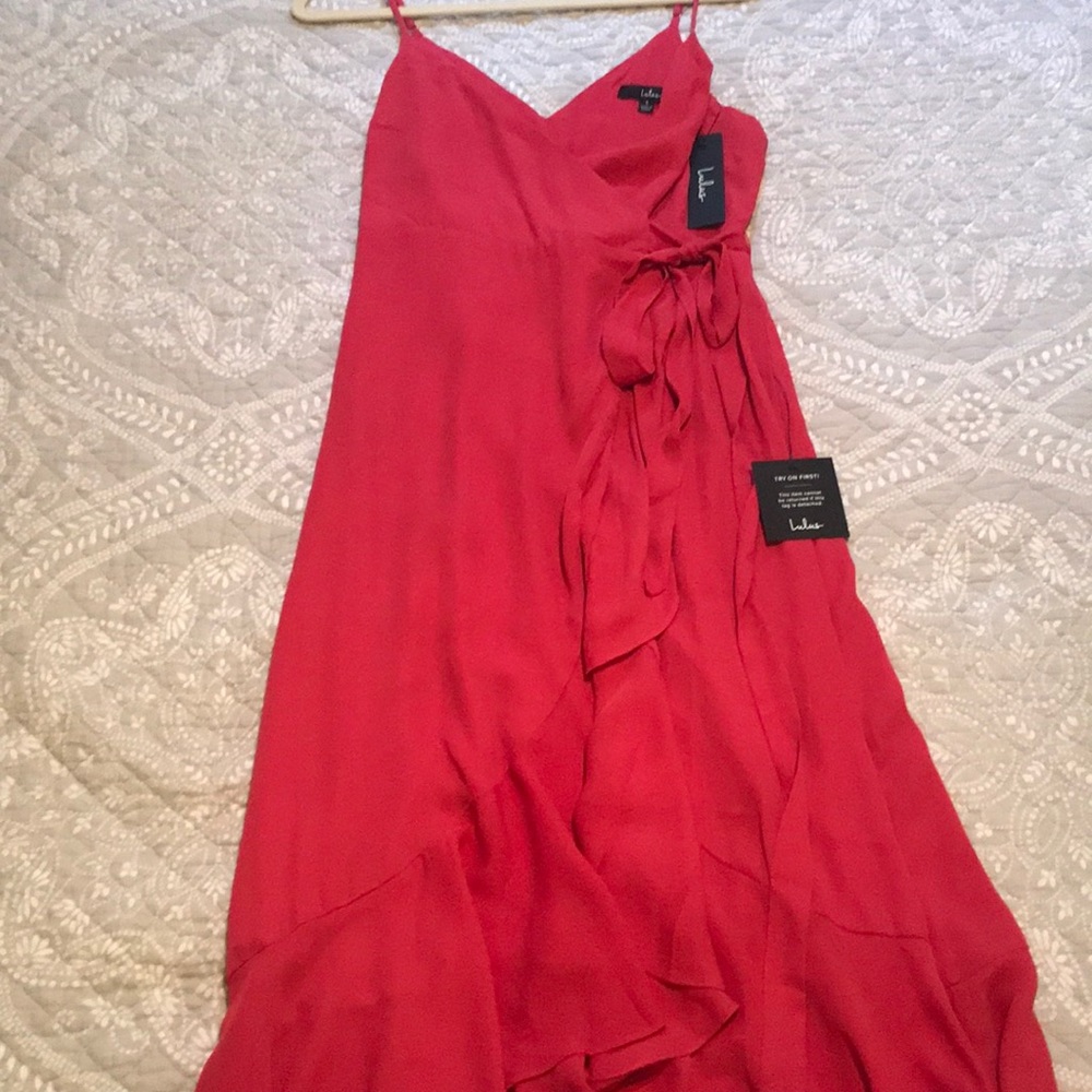 Lulu’s Manhattan Moment Berry Pink Ruffled MIDI Wrap Dress